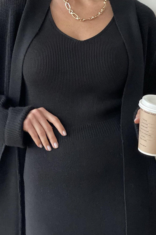 Comfortable Solid Long Cardigan & Knitted Pencil Skirt Set*