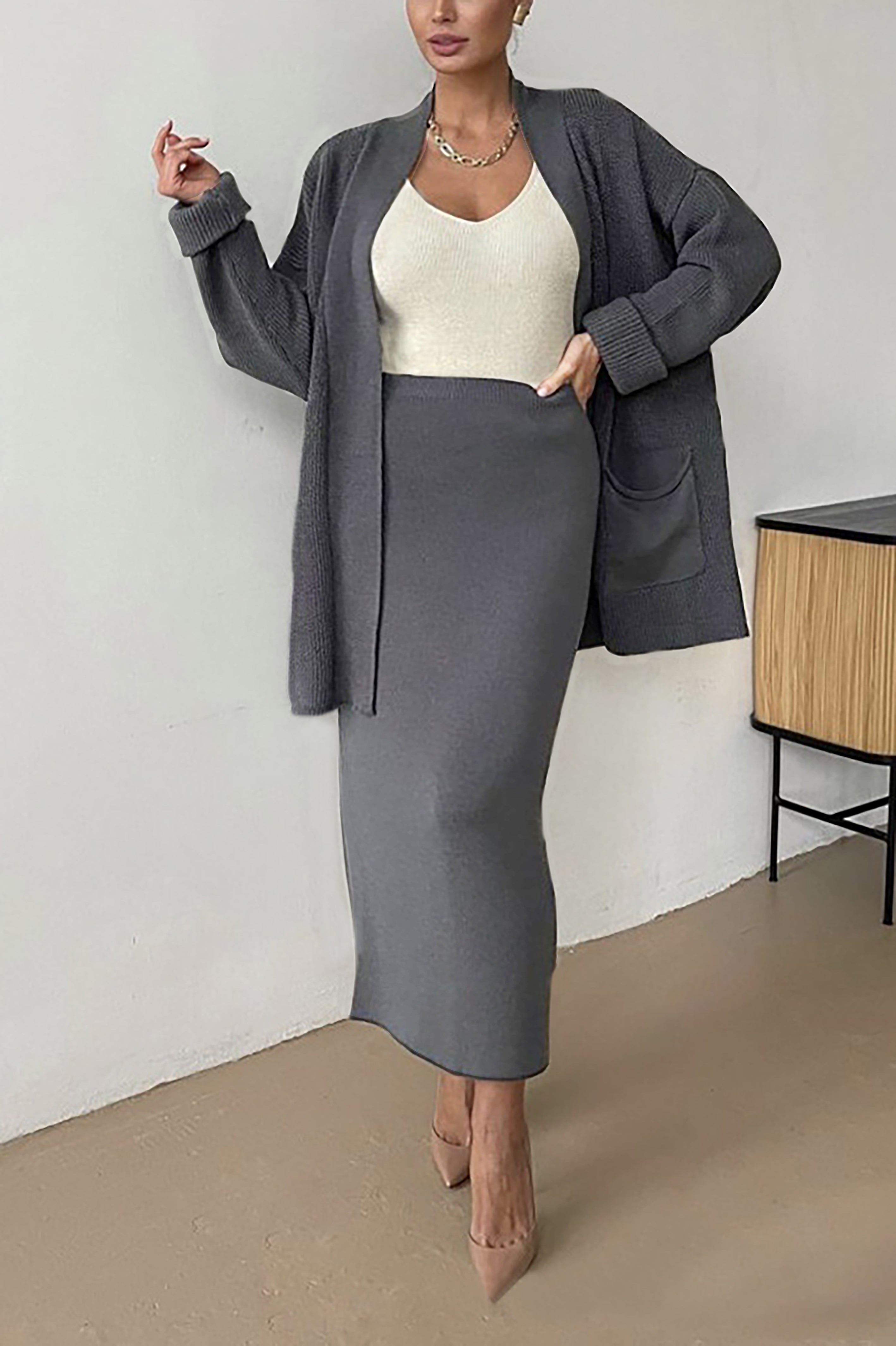 Comfortable Solid Long Cardigan & Knitted Pencil Skirt Set*