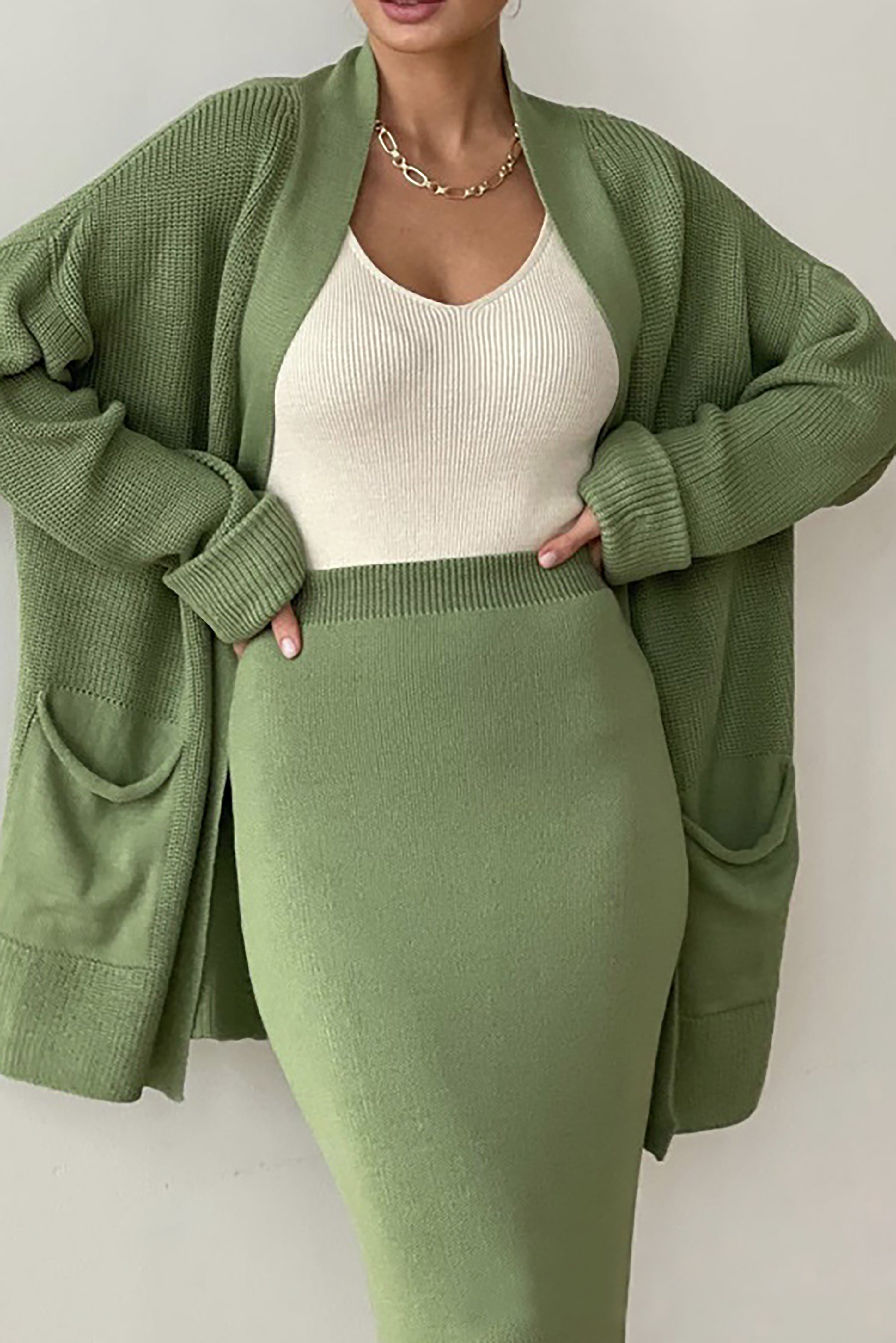 Comfortable Solid Long Cardigan & Knitted Pencil Skirt Set*
