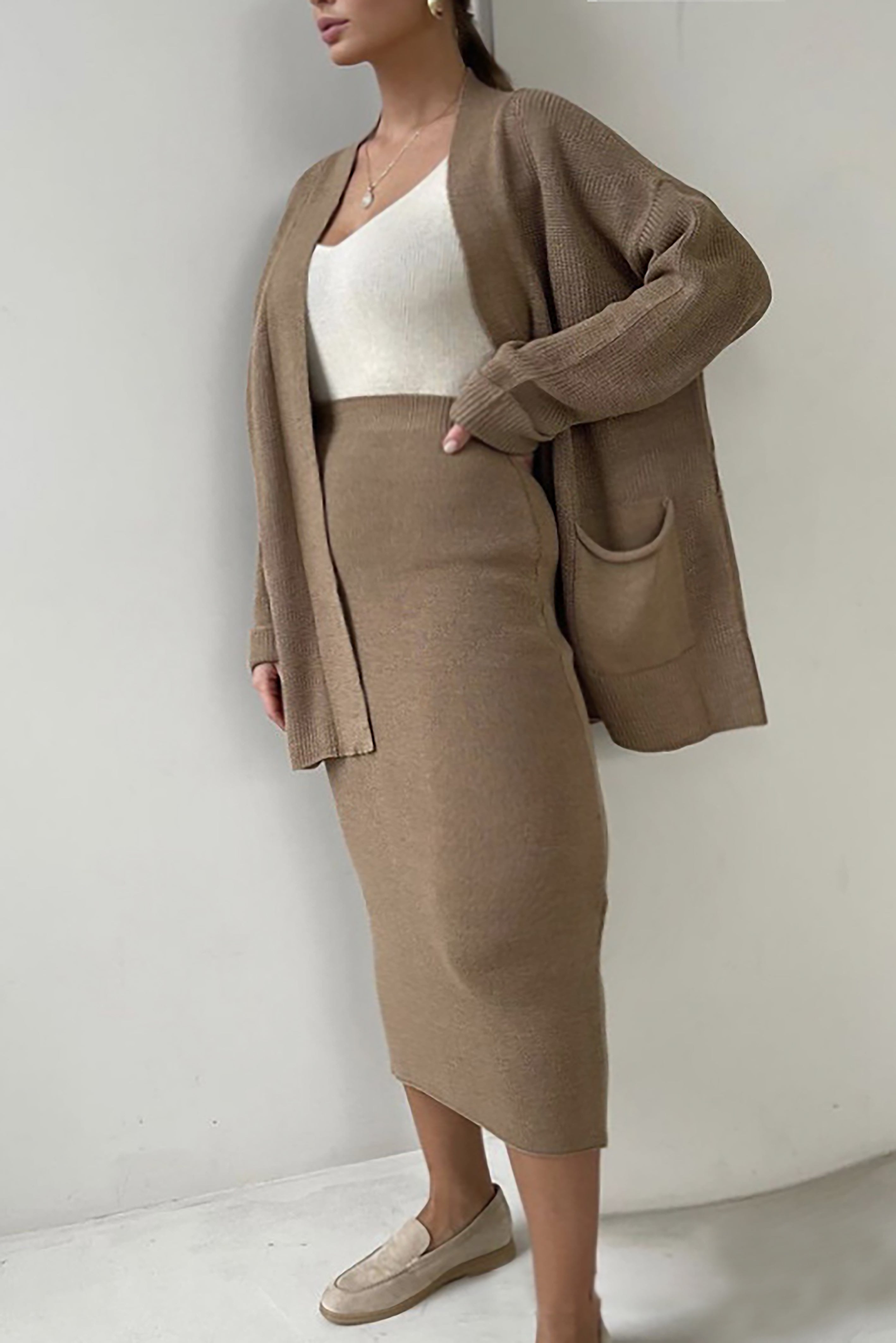 Comfortable Solid Long Cardigan & Knitted Pencil Skirt Set*