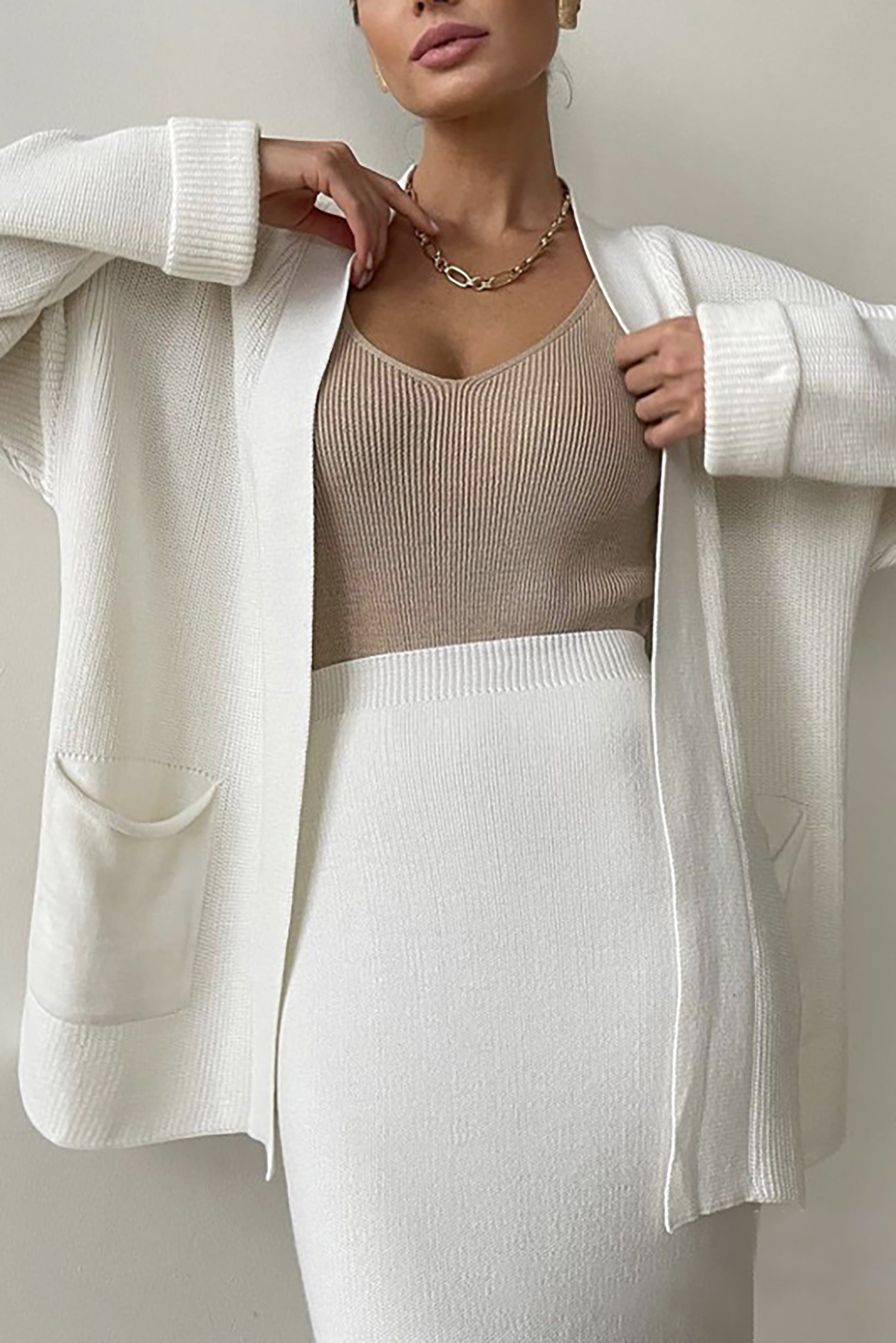 Comfortable Solid Long Cardigan & Knitted Pencil Skirt Set*