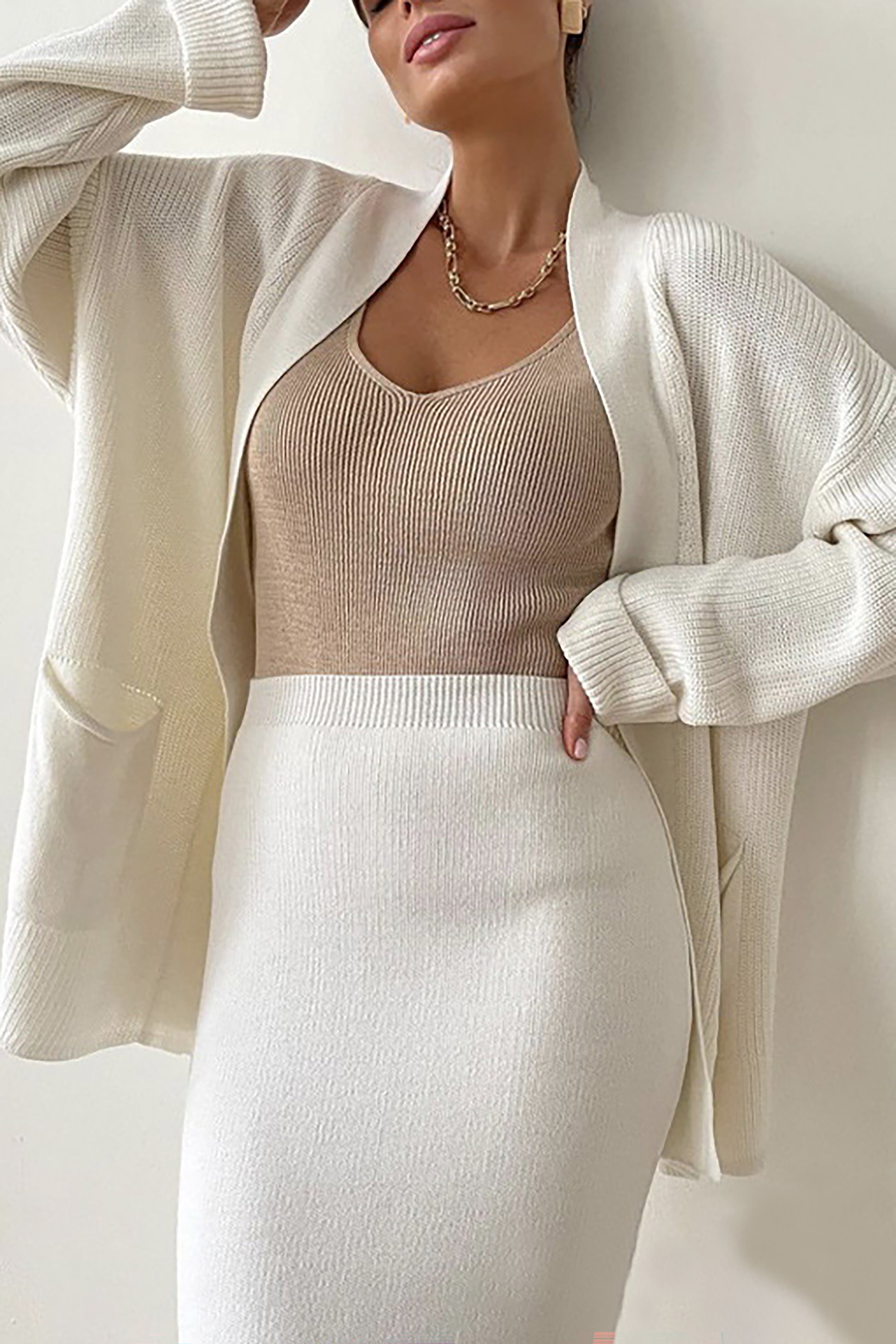 Comfortable Solid Long Cardigan & Knitted Pencil Skirt Set*