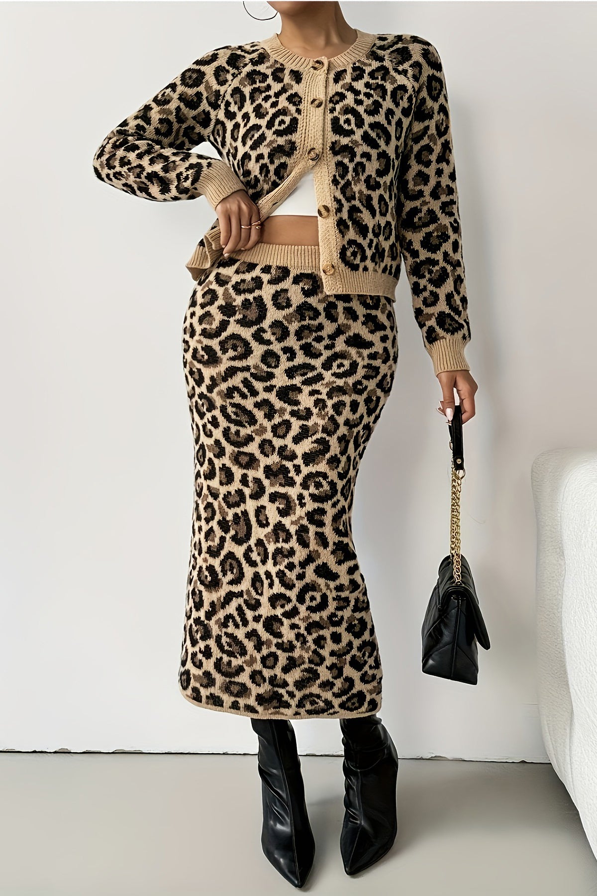Fashionable Leopard Print Cardigan & Knitted Pencil Skirt Set*