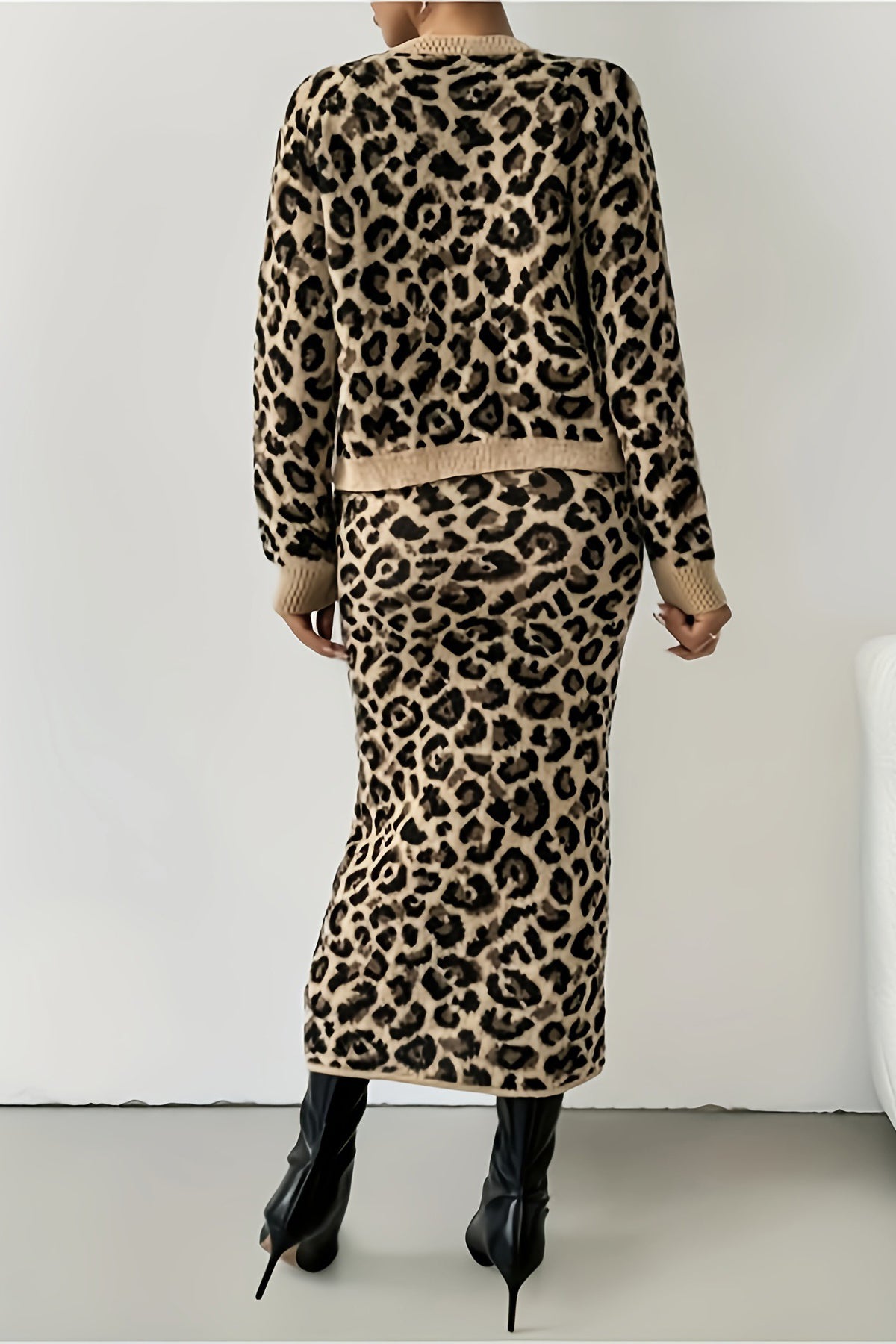 Fashionable Leopard Print Cardigan & Knitted Pencil Skirt Set*