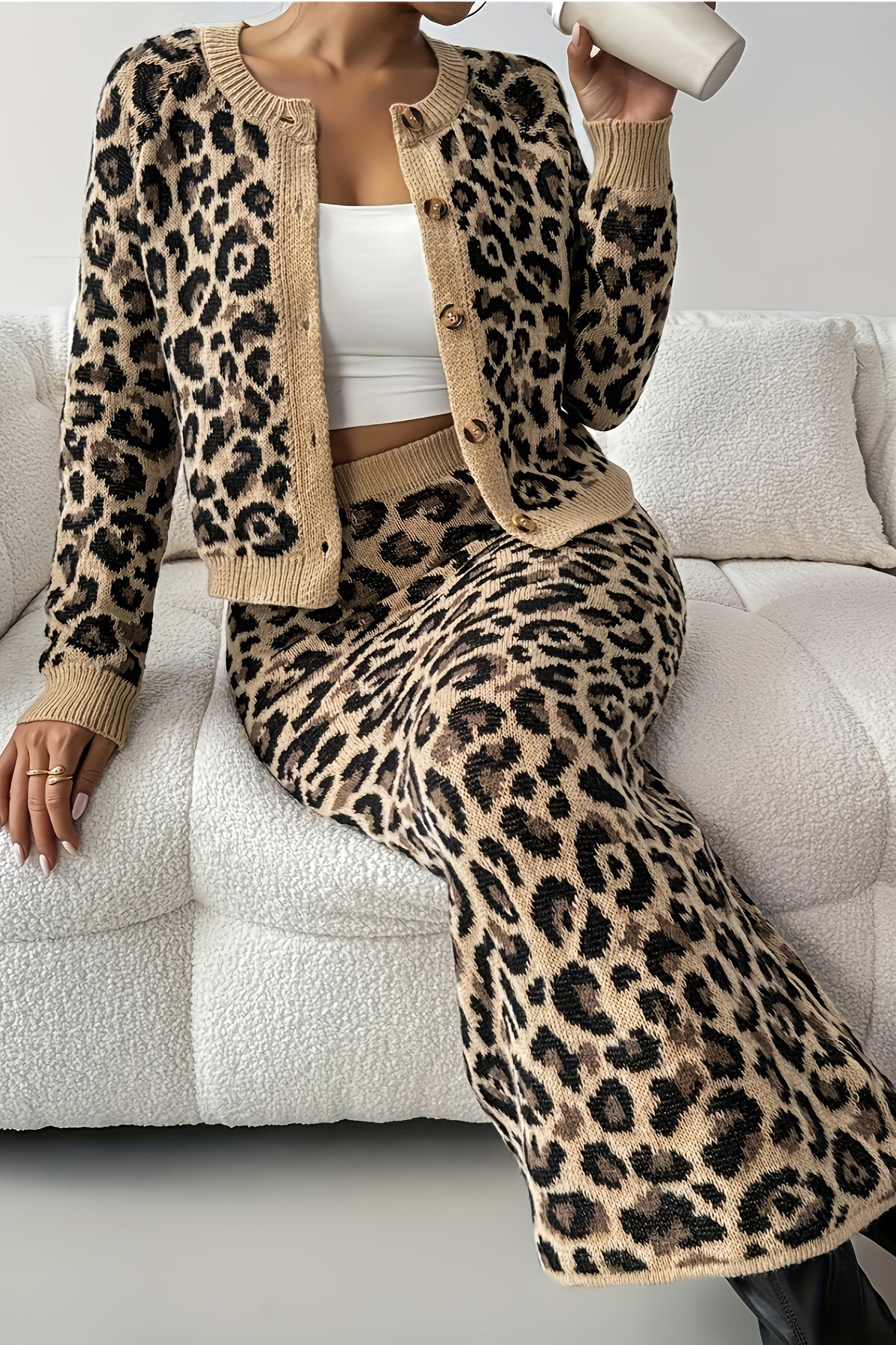 Fashionable Leopard Print Cardigan & Knitted Pencil Skirt Set*