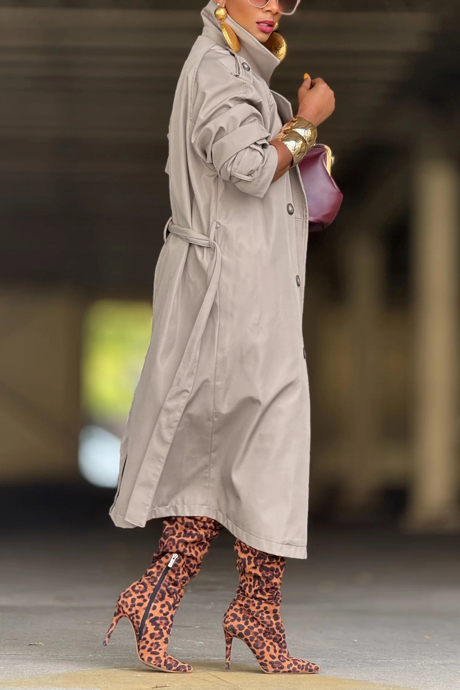 Casual Belted Mid Length Khaki Trench Coat*