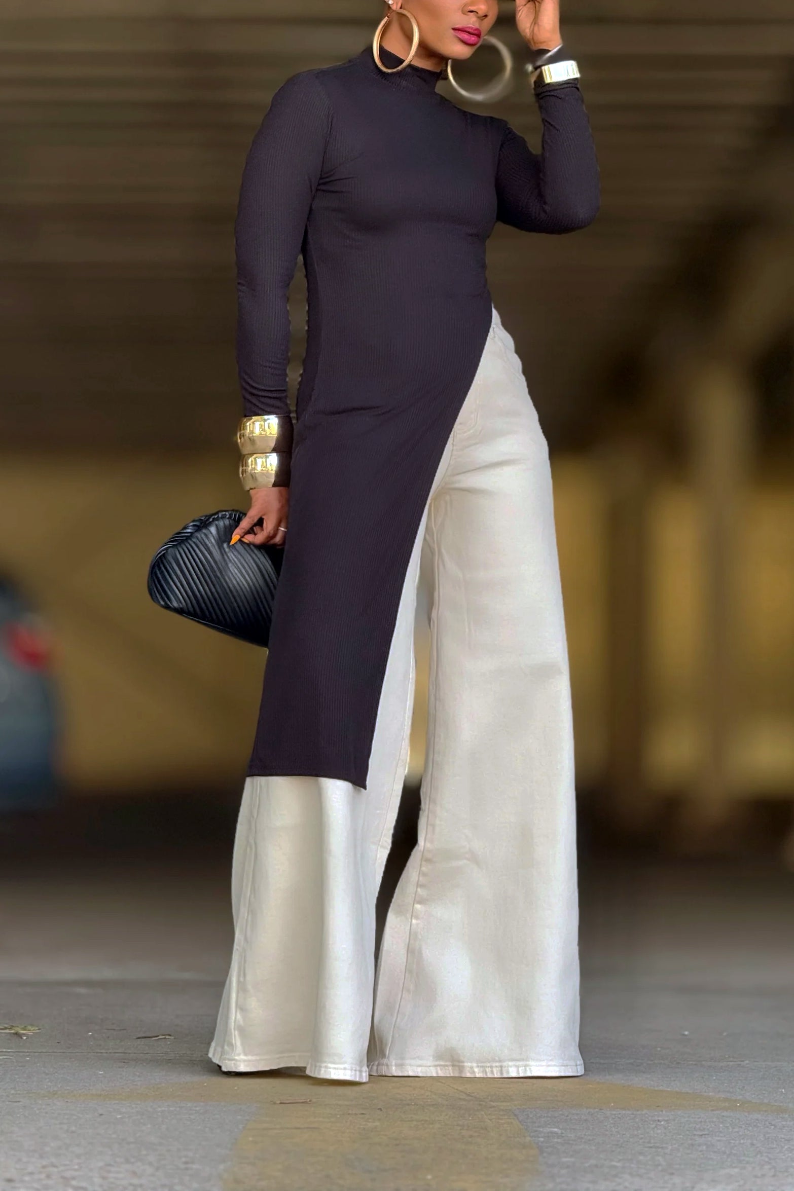 Casual Half High Collar Irregular Hem Knitted Top*