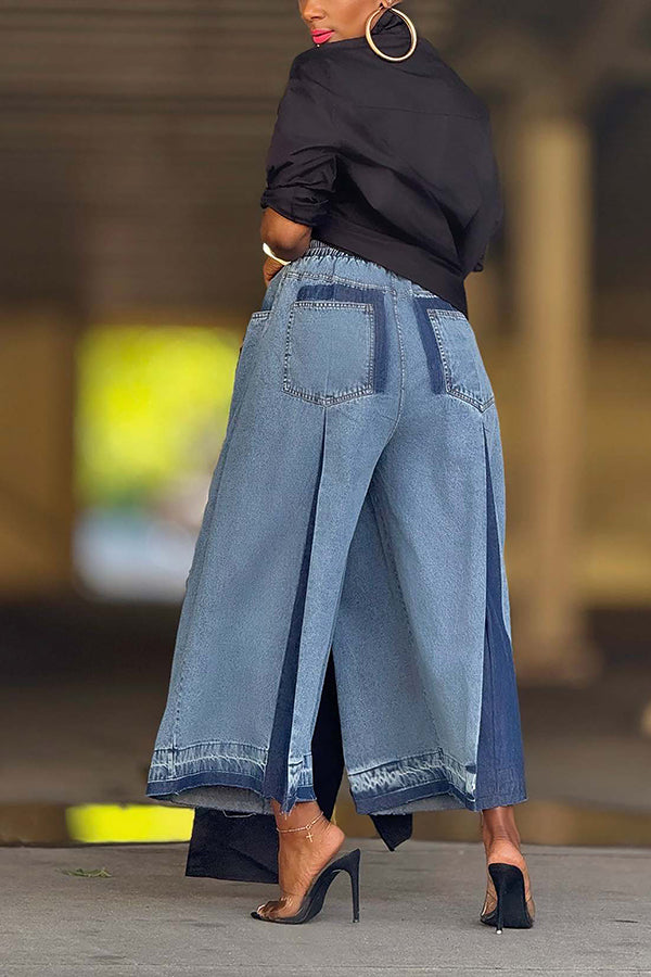 Street Elastic Drawstring Pleated Contrast Color Wide Leg Jeans*