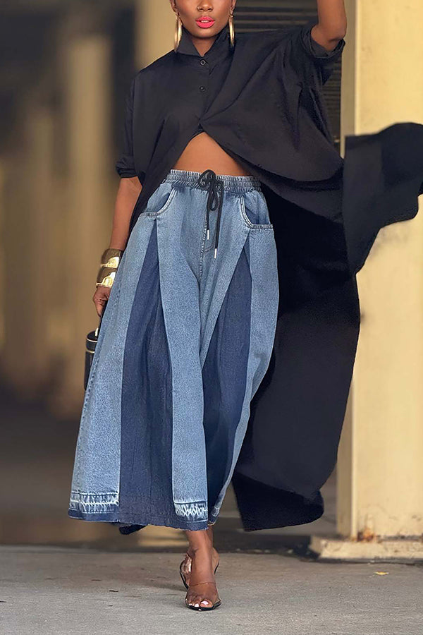 Street Elastic Drawstring Pleated Contrast Color Wide Leg Jeans*