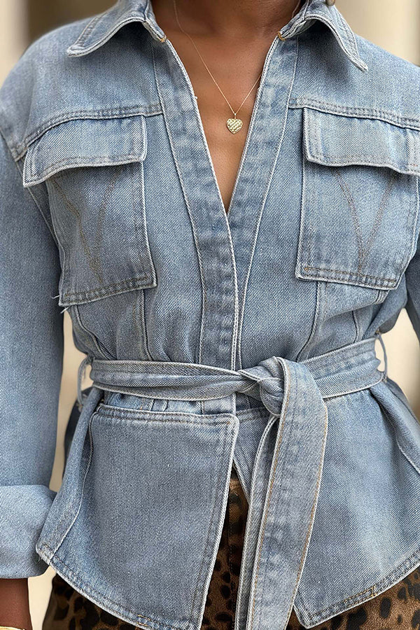 Casual Flip Pocket Waist Tie Washed Short Denim Jacket*