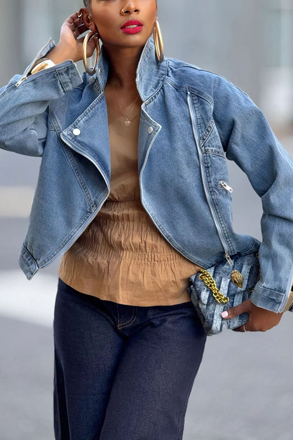 Motorcycle Style Large Lapel Zipper Long Sleeve Denim Jacket*