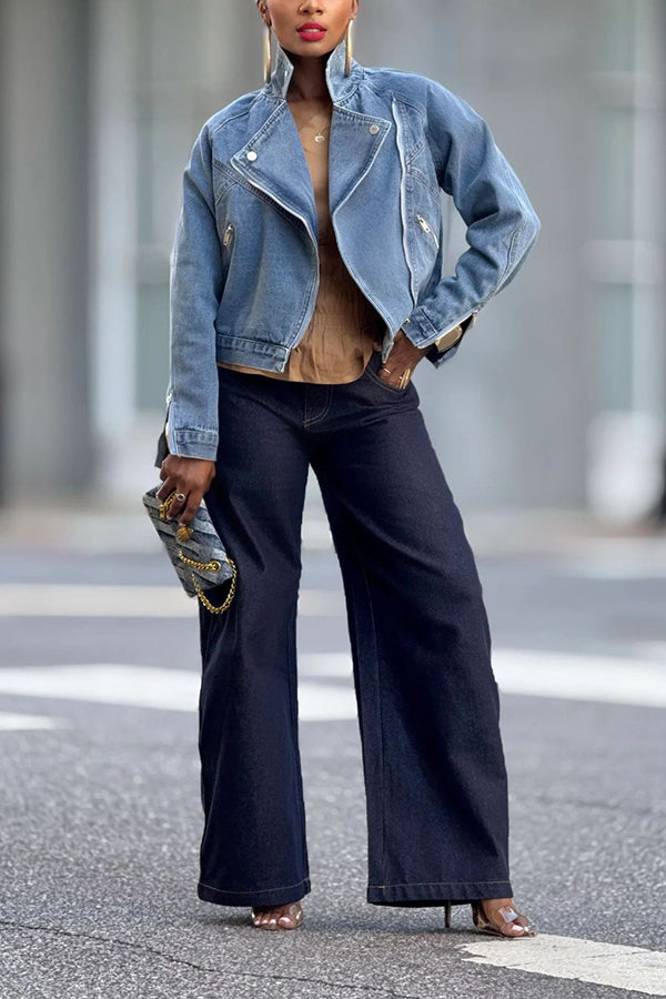 Motorcycle Style Large Lapel Zipper Long Sleeve Denim Jacket*