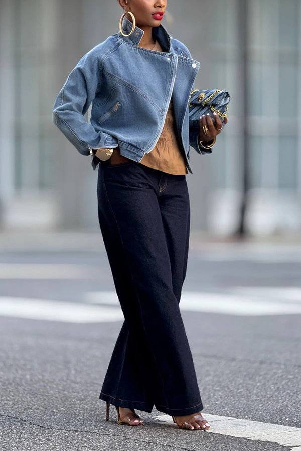 Motorcycle Style Large Lapel Zipper Long Sleeve Denim Jacket*