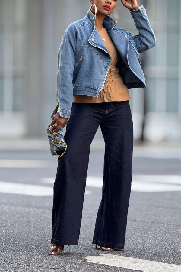 Motorcycle Style Large Lapel Zipper Long Sleeve Denim Jacket*