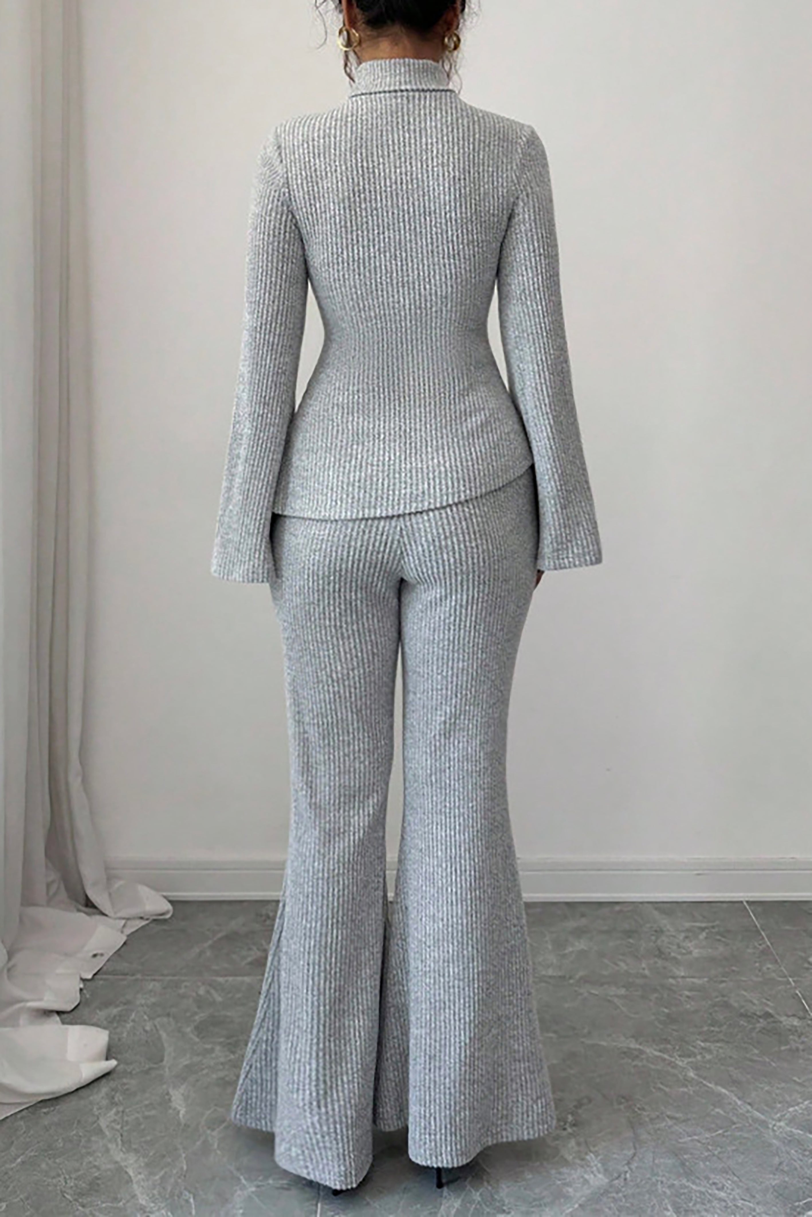 Casual Turtleneck Ribbed Irregular Bell Sleeve Top & Bell Pants Set*