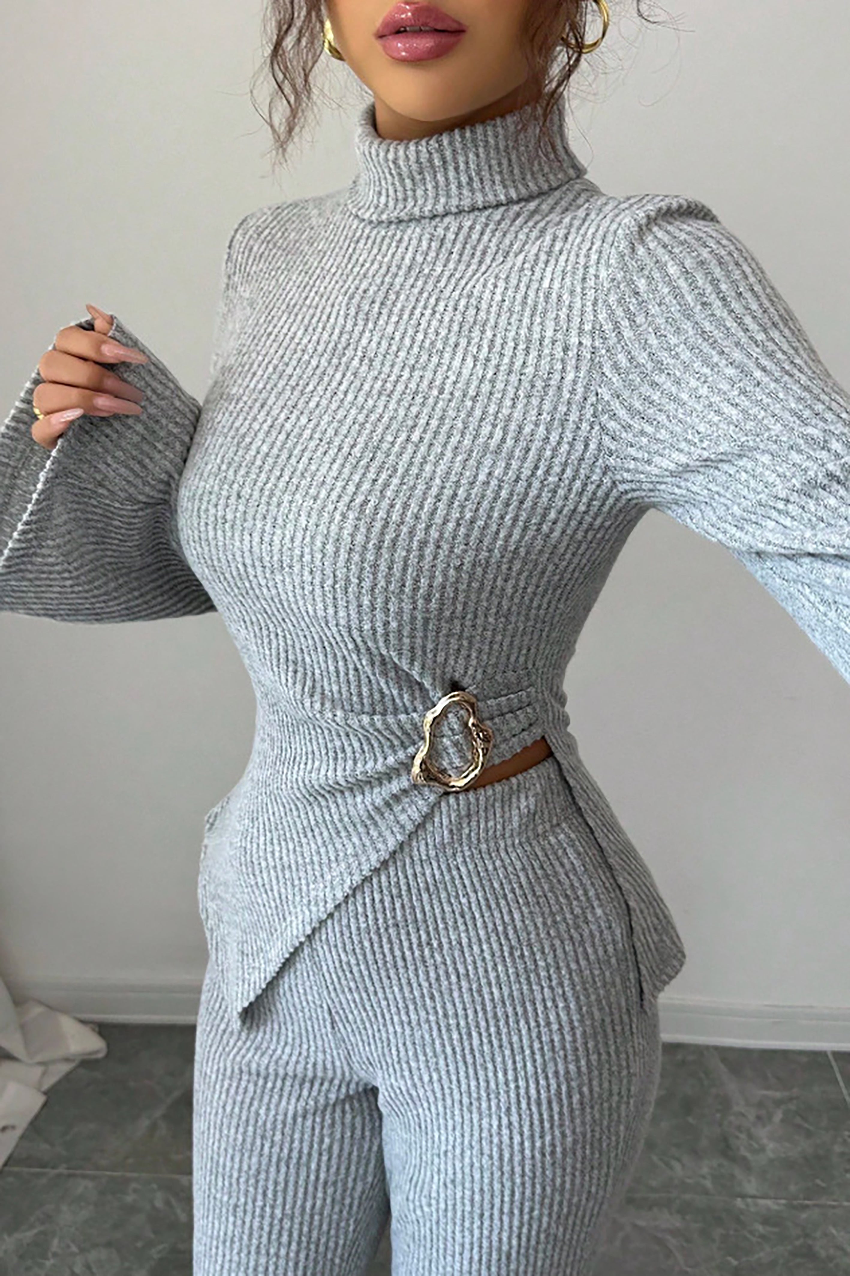 Casual Turtleneck Ribbed Irregular Bell Sleeve Top & Bell Pants Set*