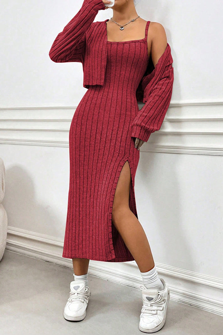 Casual Long-Sleeved Knit Cardigan & Slit Suspender Dress Set*