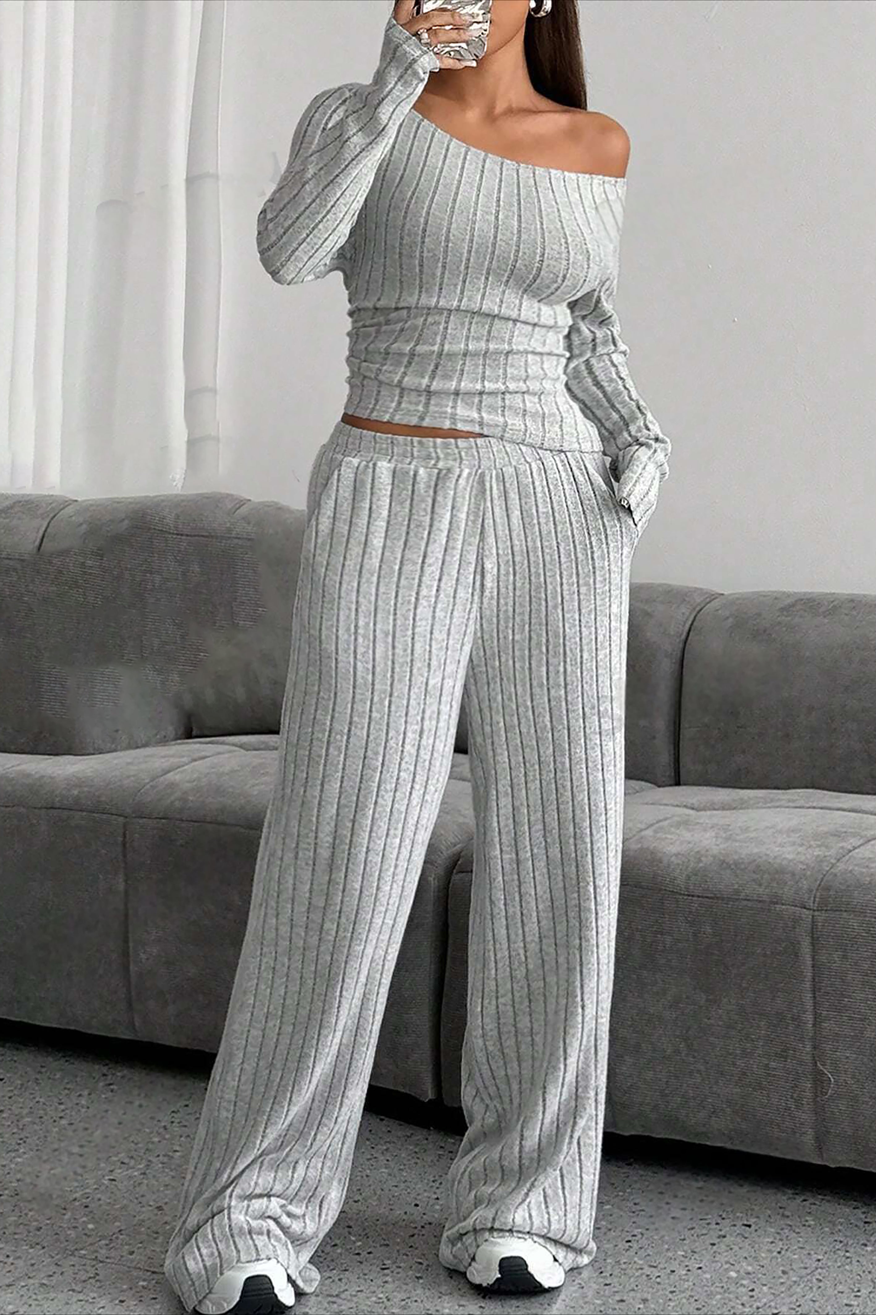 Casual Solid Knitted Striped Top & Wide Leg Pants Set*