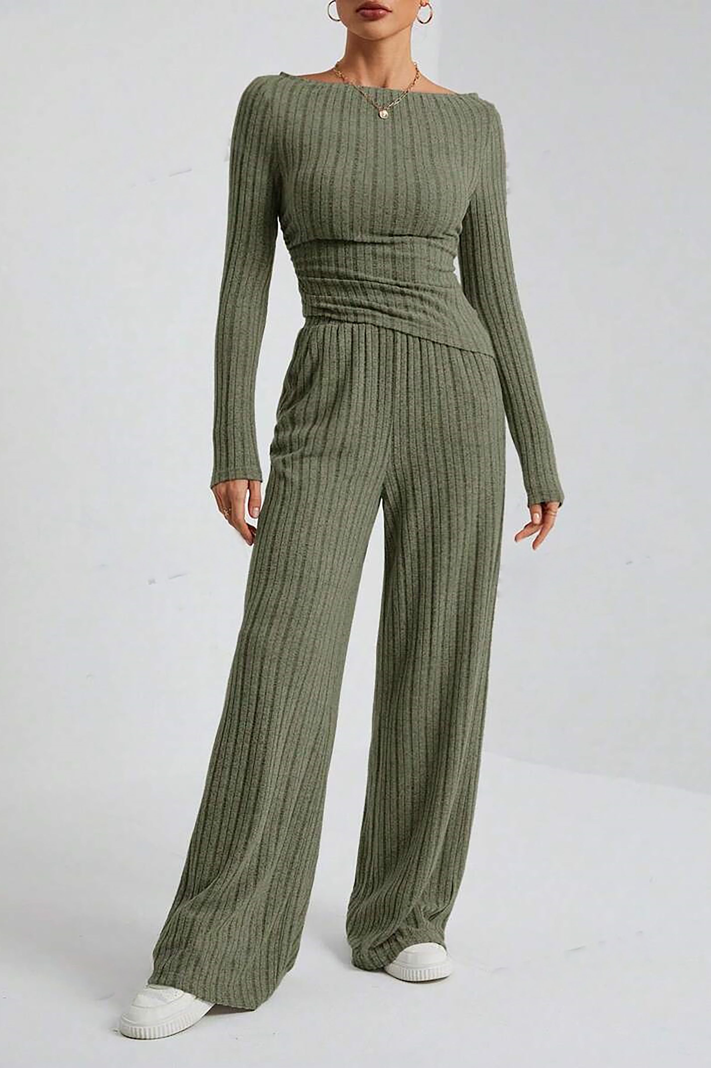 Casual Solid Knitted Striped Top & Wide Leg Pants Set*