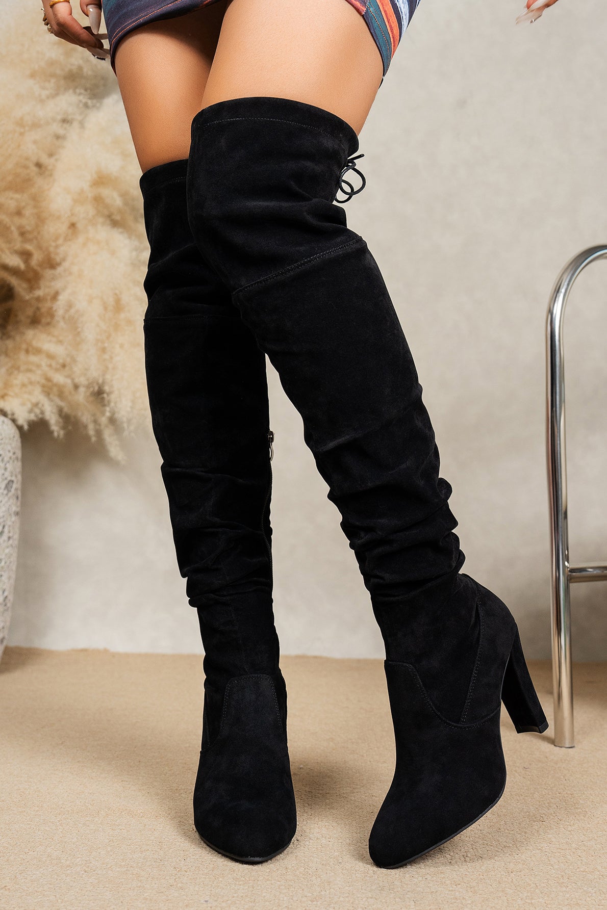 Fashionable Chunky Heel Suede Pleated Over The Knee Boots*