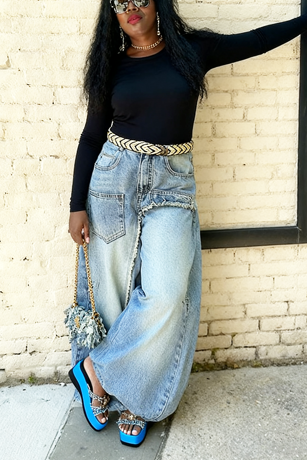 Fashion High Waisted Asymmetric Frayed Edge Scimitar Jeans*