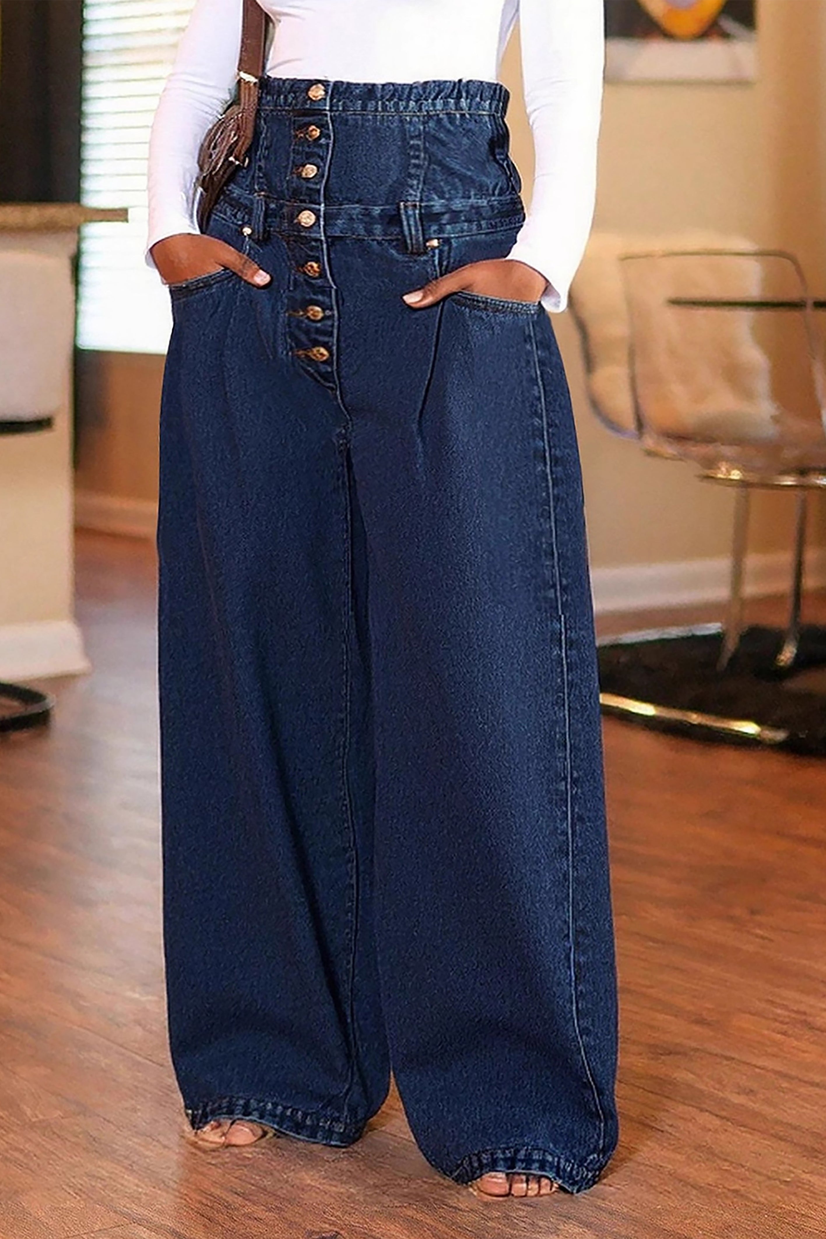 Fashion High Waisted Multi Breasted Wide Leg Jeans*