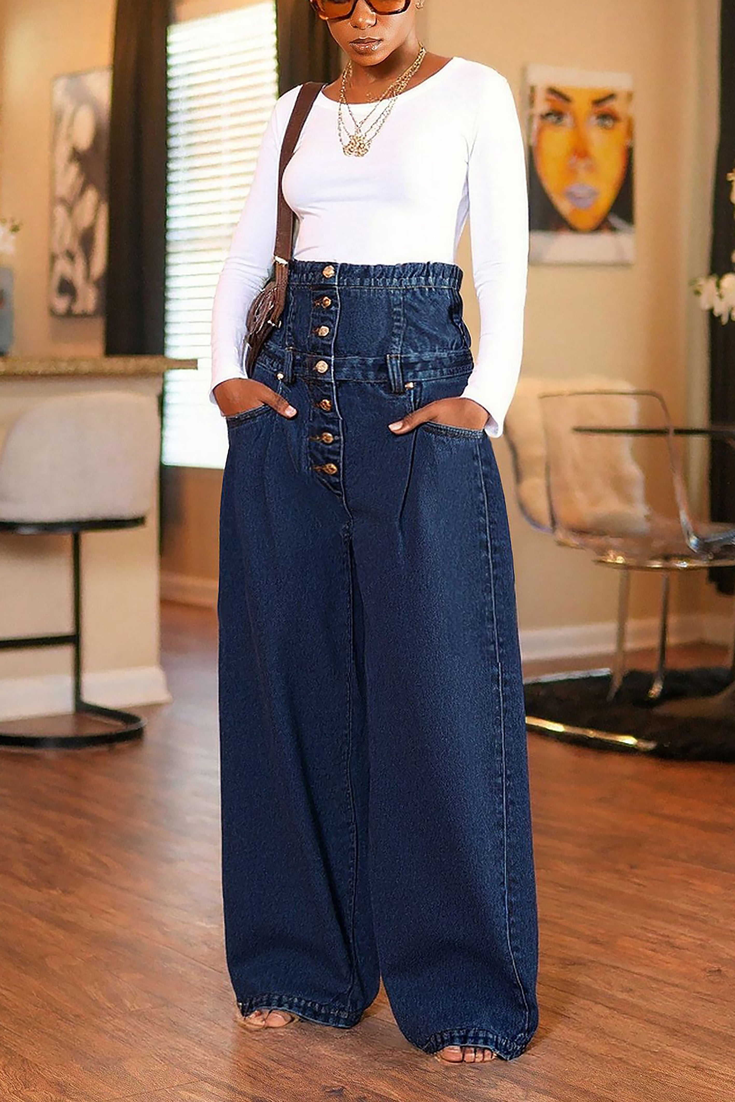 Fashion High Waisted Multi Breasted Wide Leg Jeans*