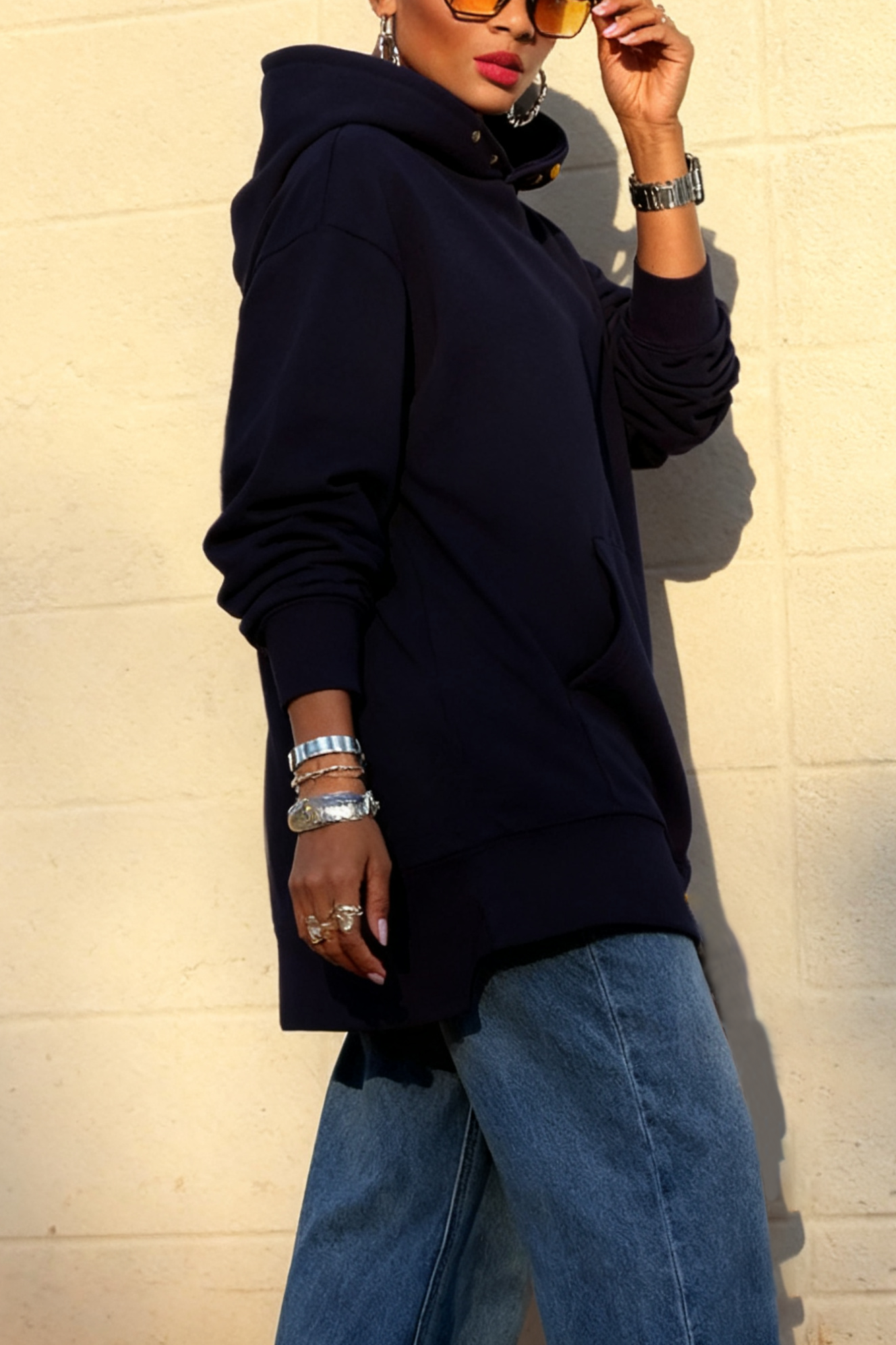 Casual Button Loose Solid Hoodies*