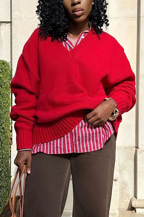Casual Christmas Red V Neck Sweater*