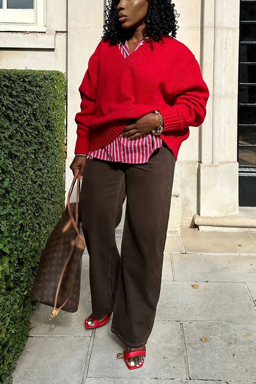 Casual Christmas Red V Neck Sweater*