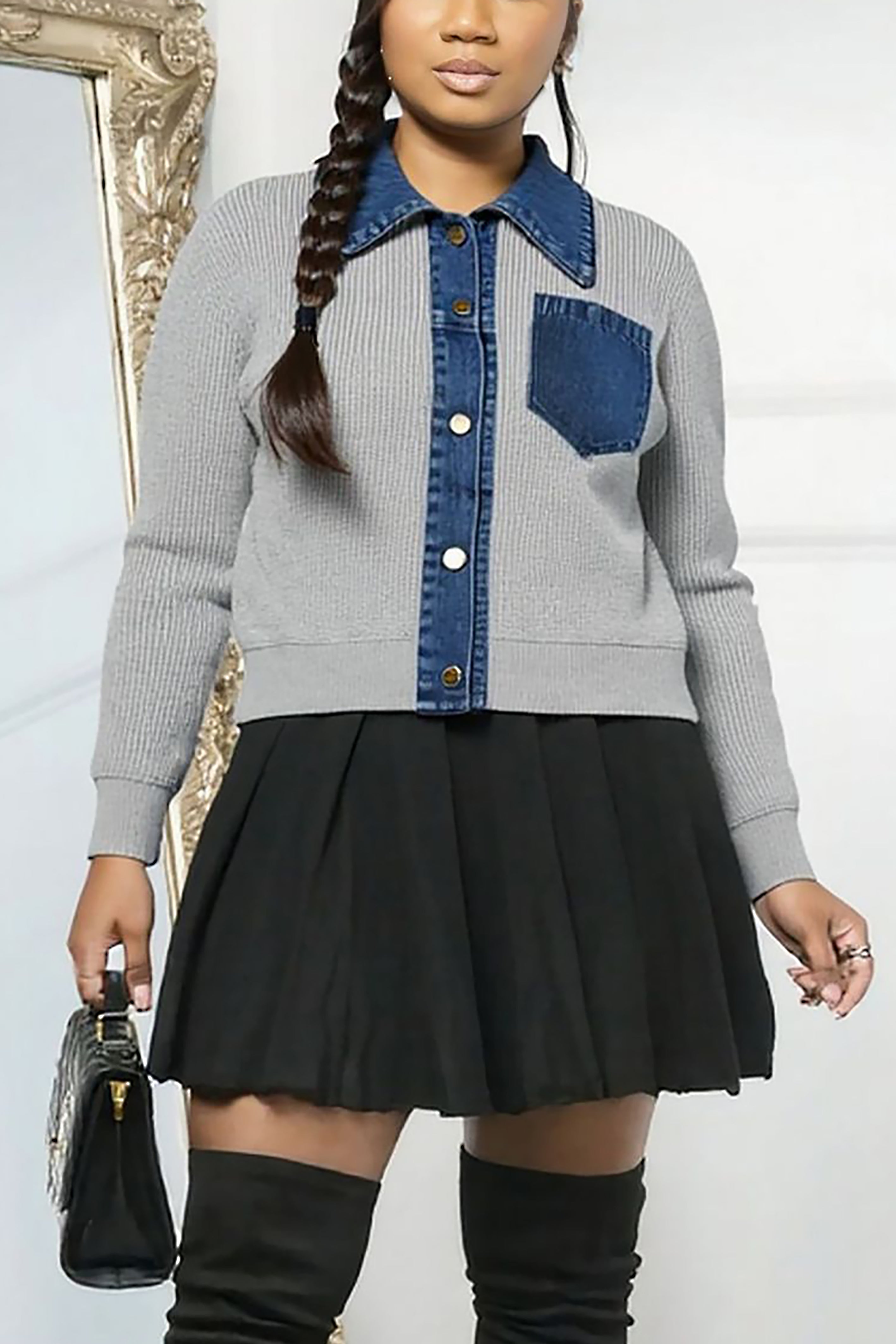 Casual Polo Spliced ??Denim Cardigan*