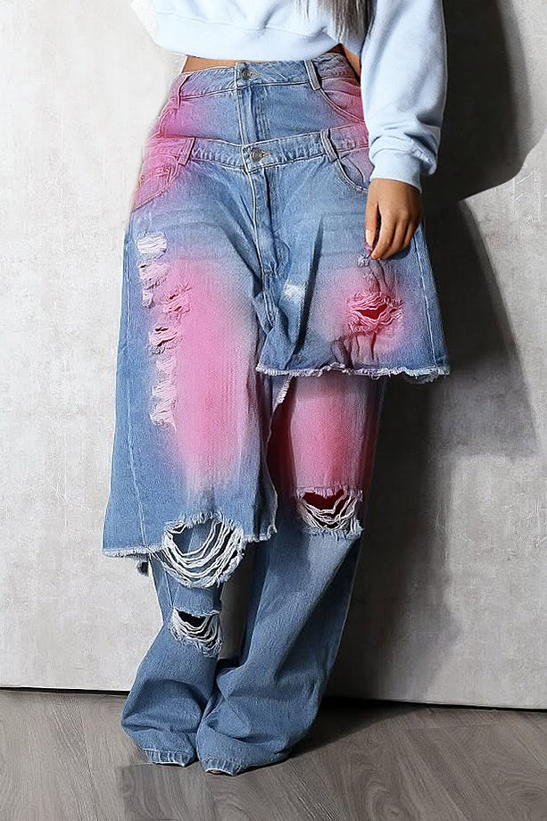 Street Ripped And Spray Painted 2 In 1 Jeans*