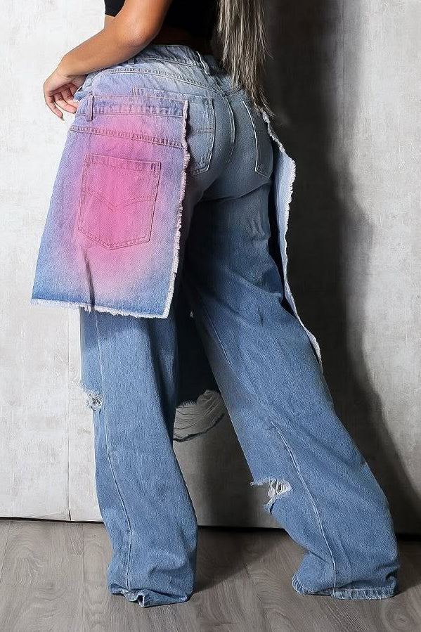 Street Ripped And Spray Painted 2 In 1 Jeans*