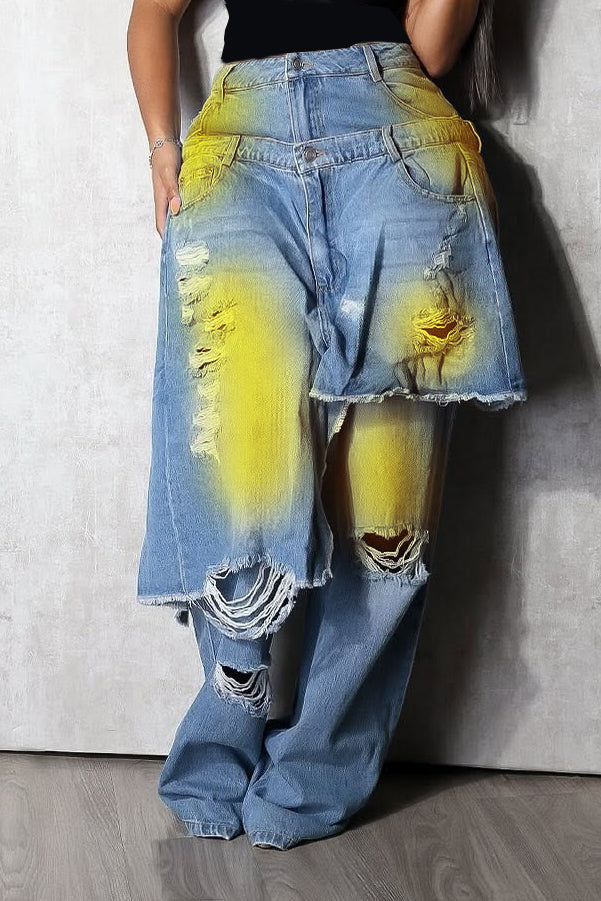 Street Ripped And Spray Painted 2 In 1 Jeans*