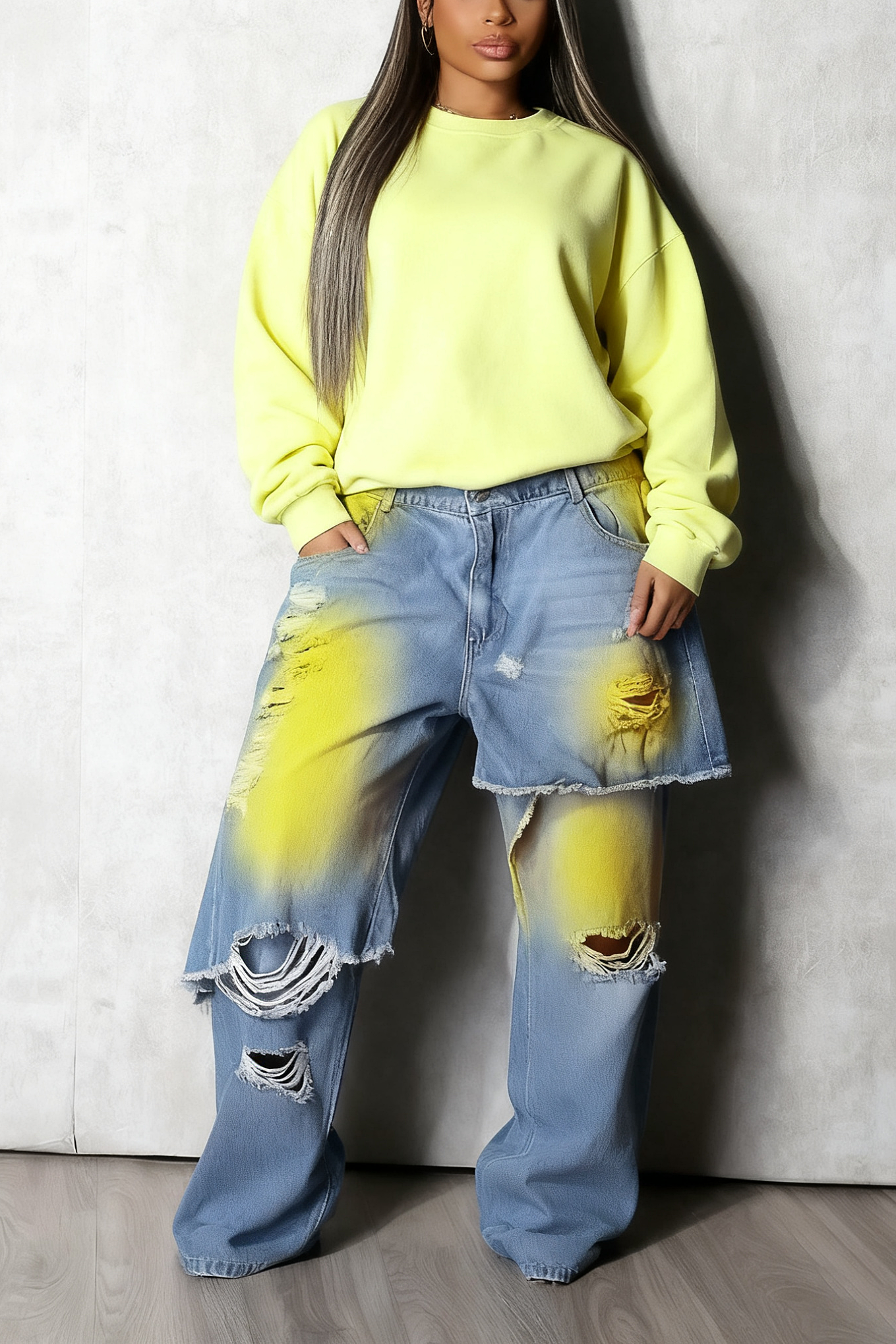 Street Ripped And Spray Painted 2 In 1 Jeans*