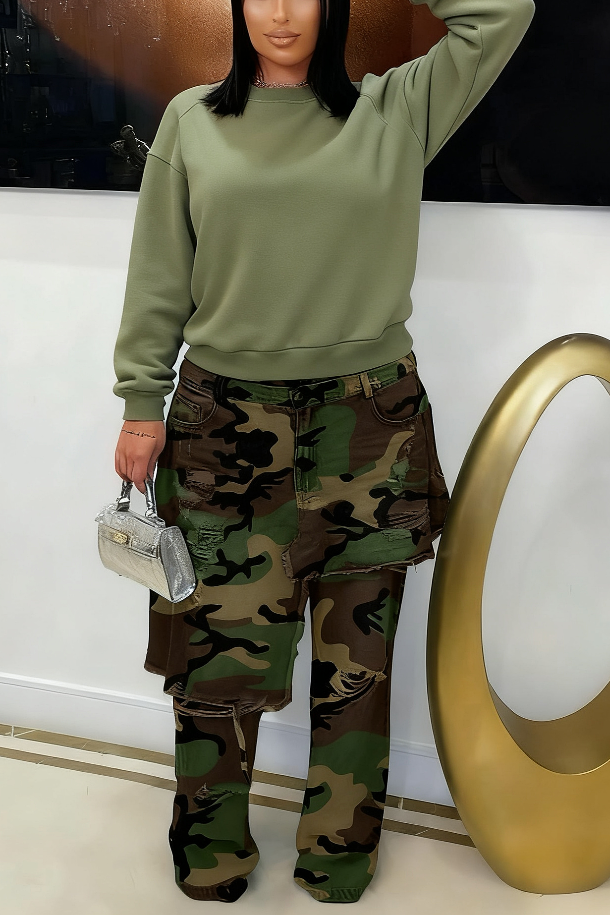 Camouflage Distressed Straight Leg Jeans*