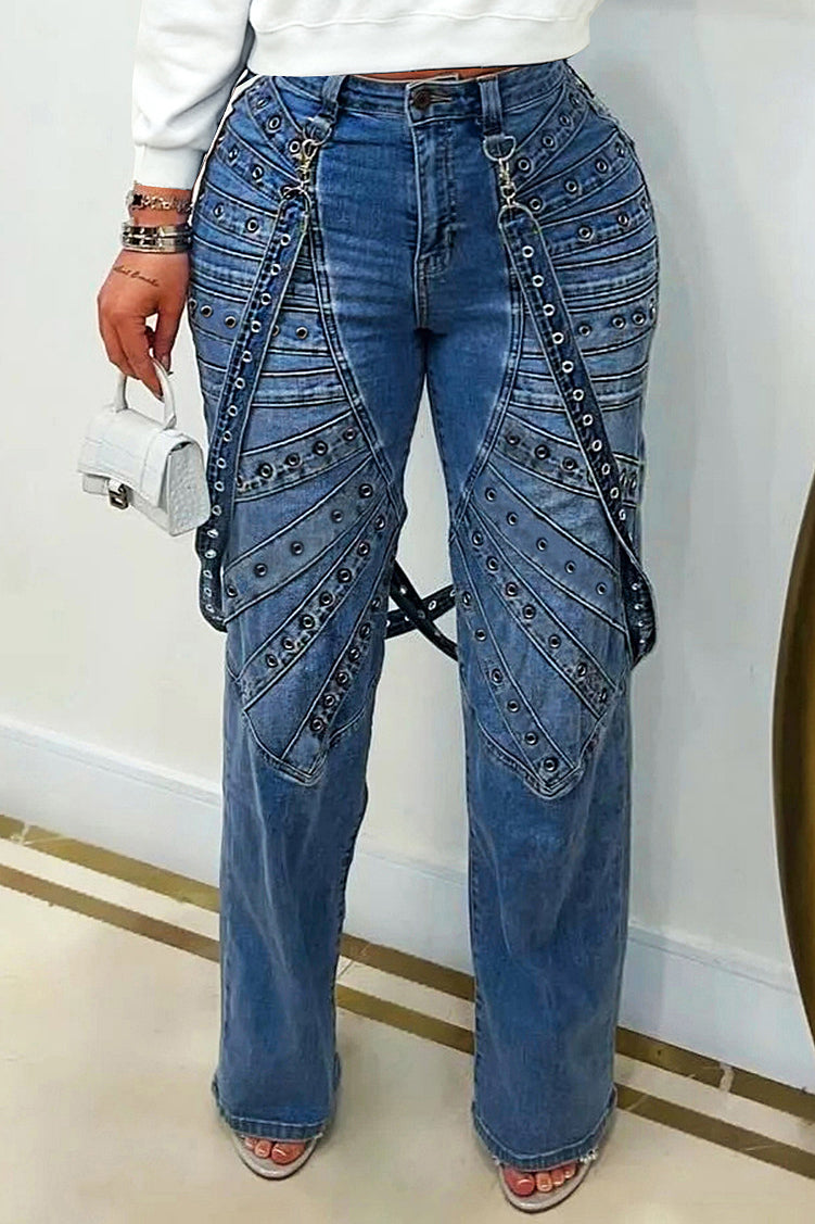 Stylish Metal Studded Straight Leg Jeans*