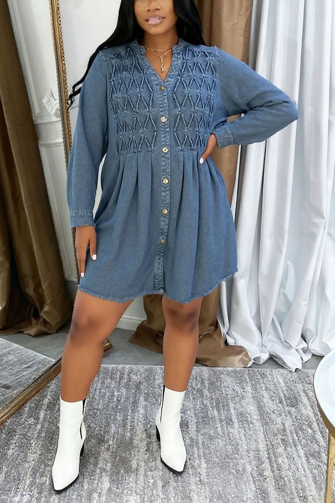 Casual Pleated Single Breasted Denim Dress*
