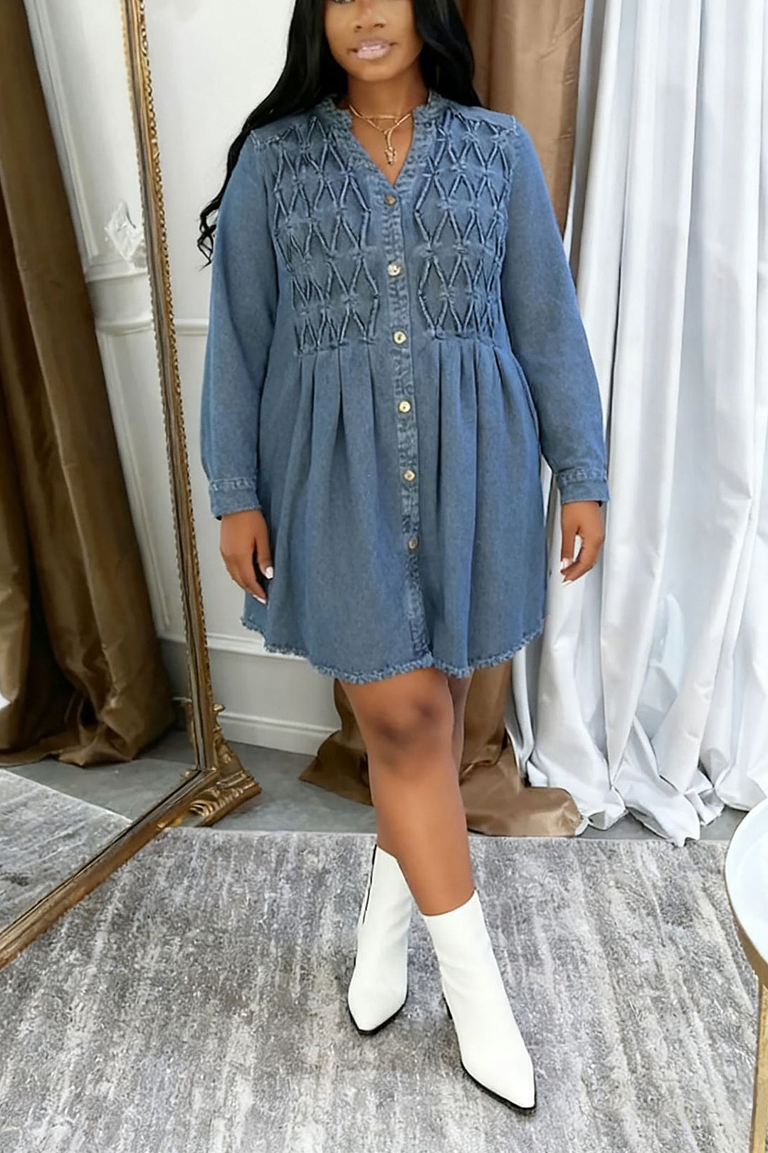 Casual Pleated Single Breasted Denim Dress*