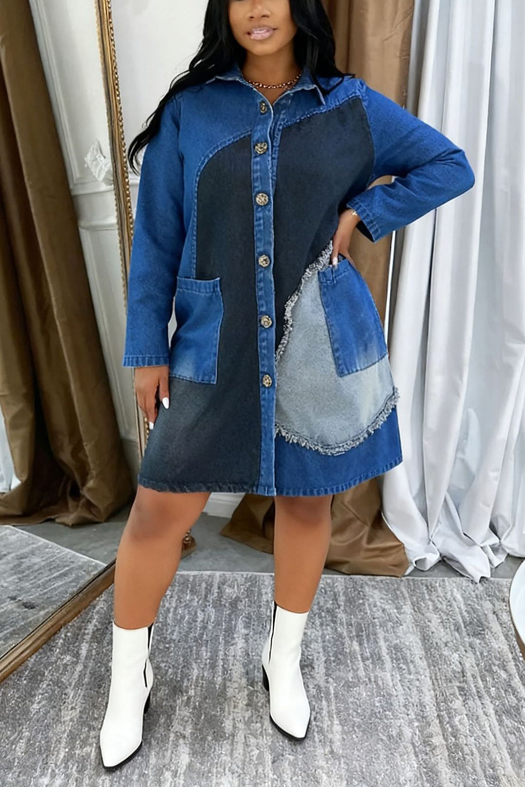 Casual Multi Color Patchwork Midi Denim Dress*