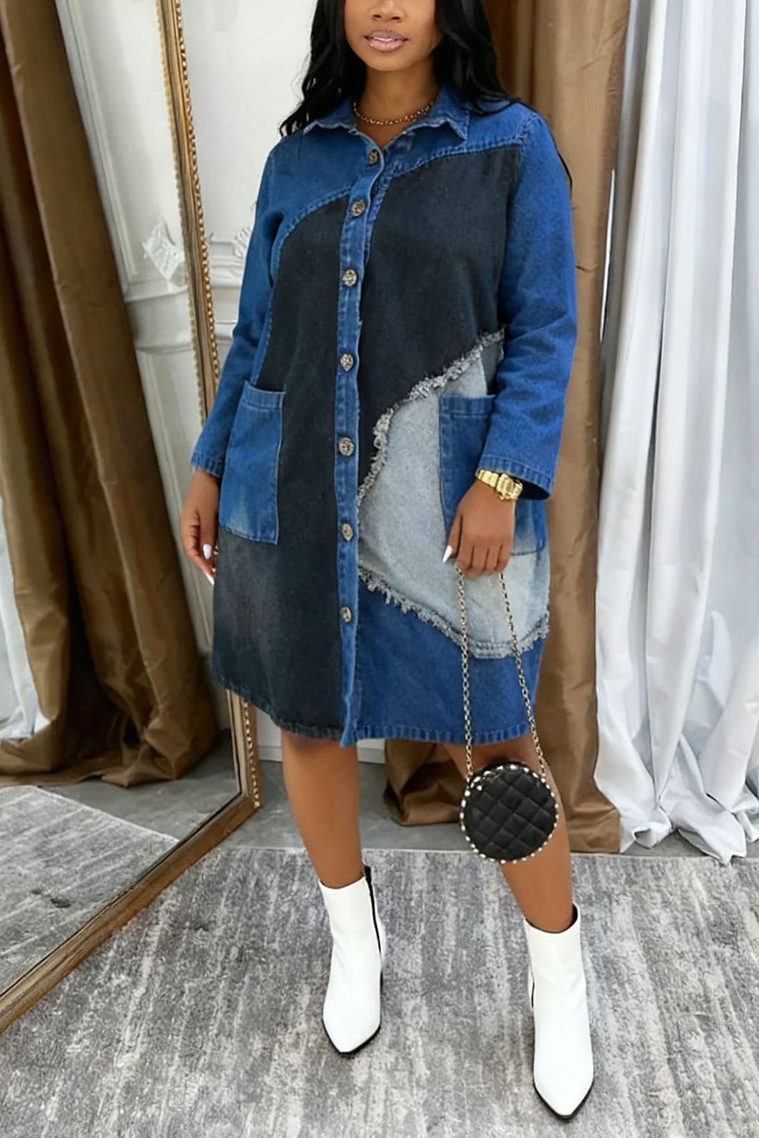Casual Multi Color Patchwork Midi Denim Dress*