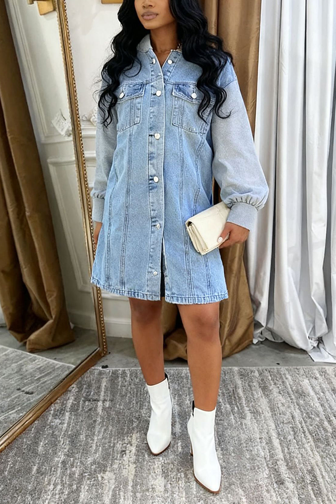 Casual Washed Double Pocket Patchwork Denim Dress*