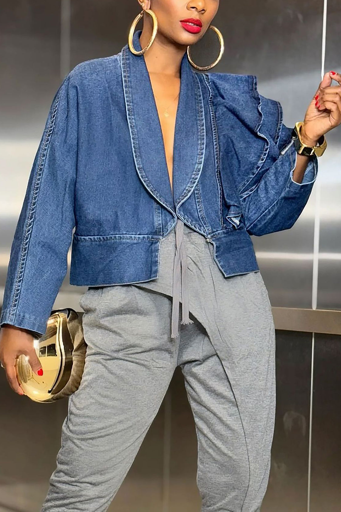 Fashionable Single Sided Layered Ruffles Denim Jacket*