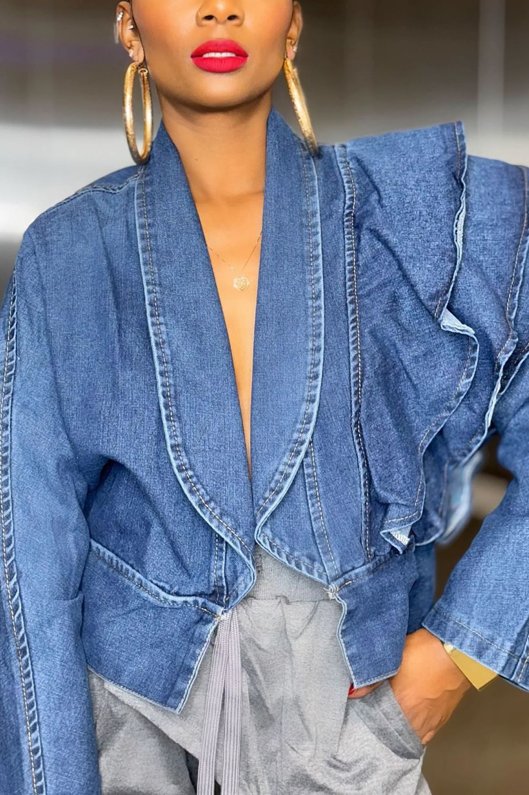 Fashionable Single Sided Layered Ruffles Denim Jacket*