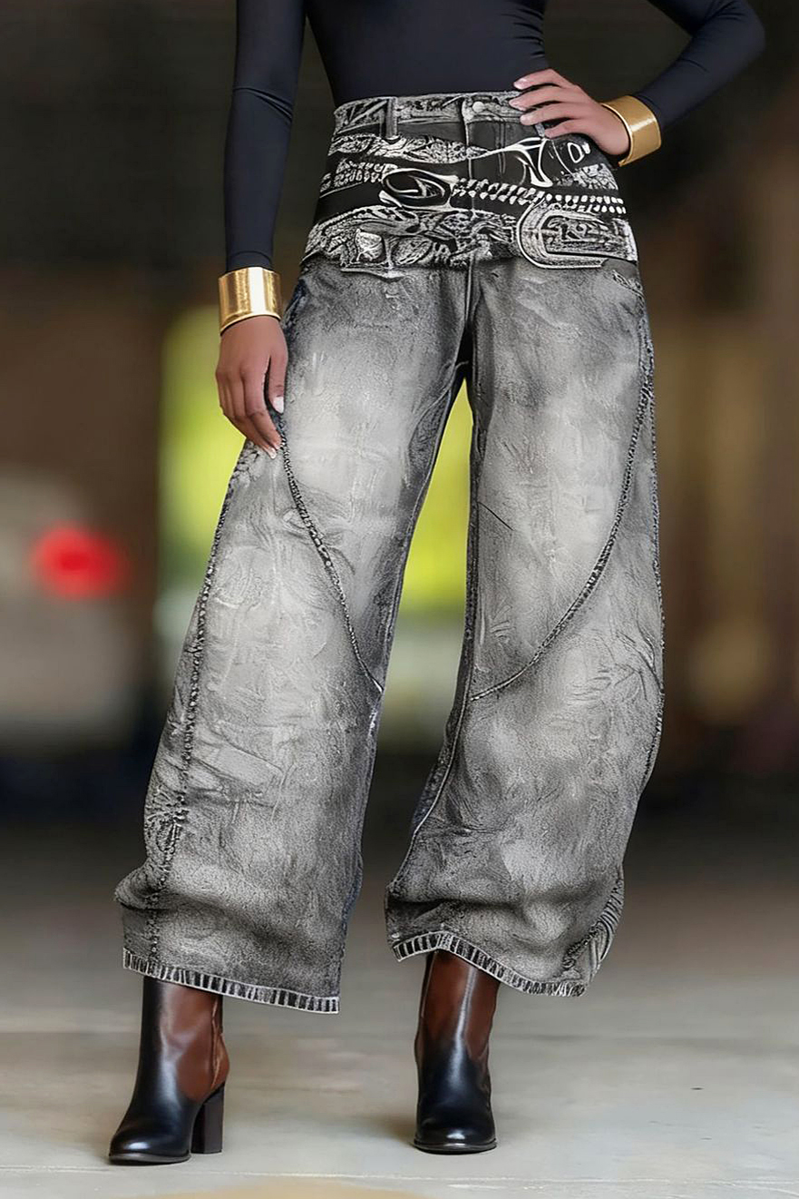 Fashionable Belted 3d Printed Wide Leg Curved Jeans*