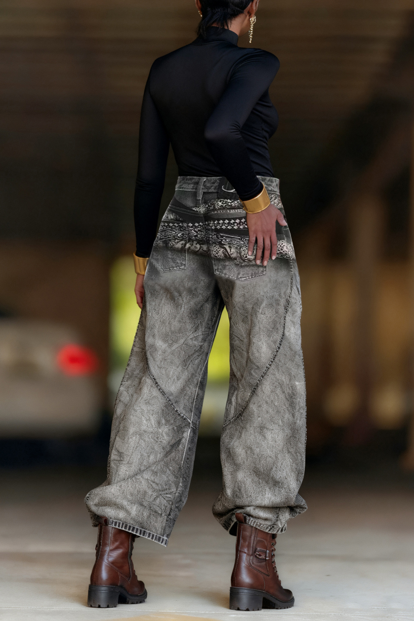 Fashionable Belted 3d Printed Wide Leg Curved Jeans*