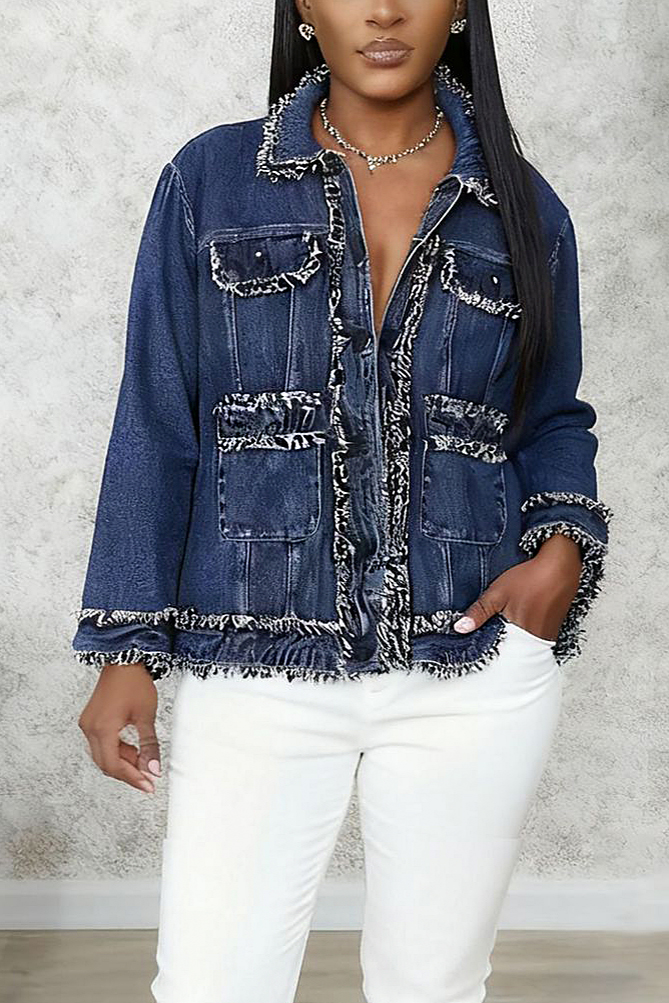Stylish Fringed Design Multi Pocket Washed Denim Jacket*