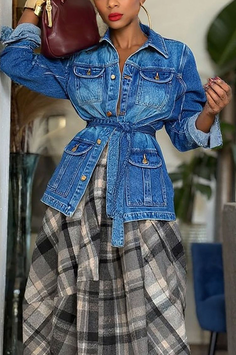 Casual Drawstring Multi Pocket Workwear Denim Jacket*