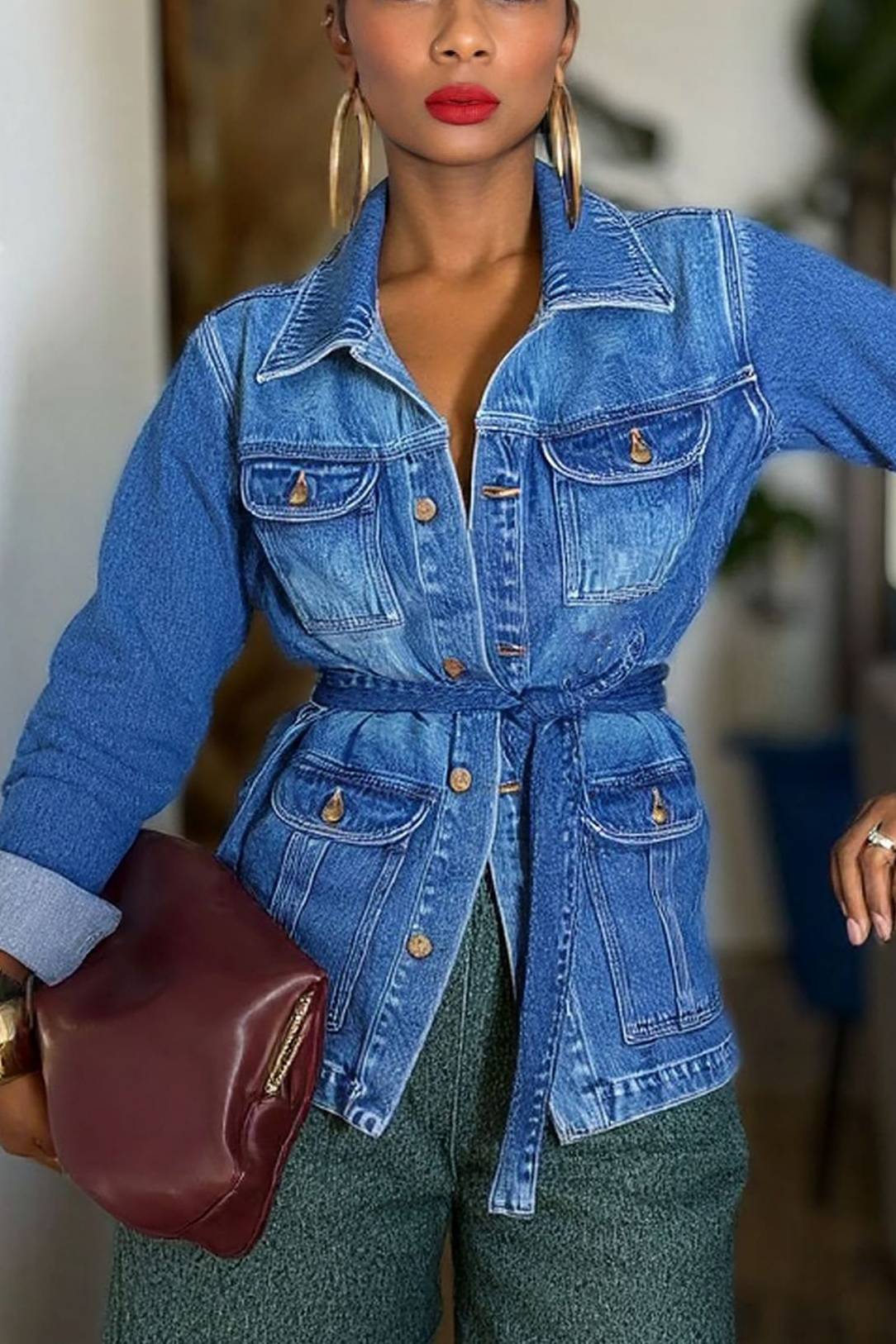 Casual Drawstring Multi Pocket Workwear Denim Jacket*