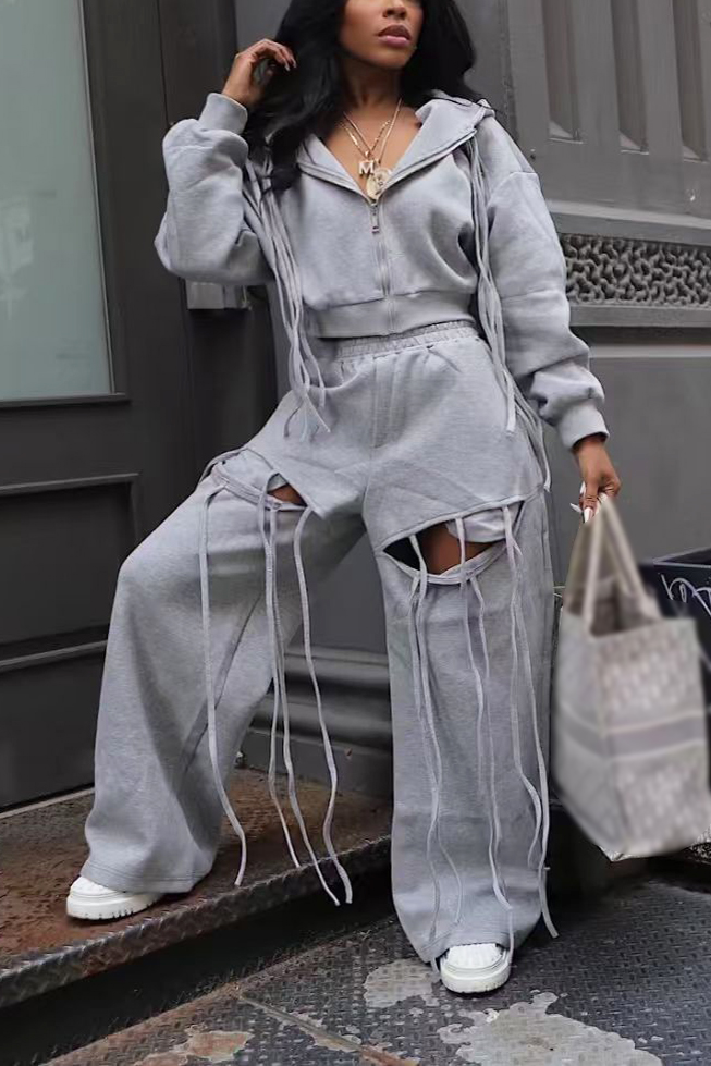 Unique Hooded Zip Up Jacket & Openwork Ribbon Sweatpants Set*